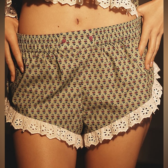 Anthropologie Eyelet Micro Pajama Shorts in Green Motif 100% Cotton - Picture 2 of 7